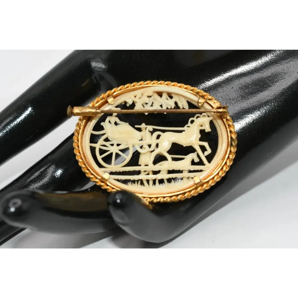 Vintage Celluloid Horse Carriage Scene Brooch Gold Tone Oval Frame